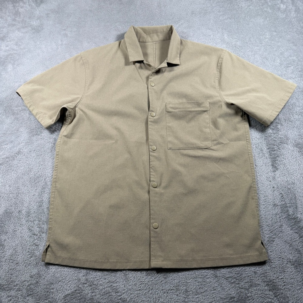 Lululemon Airing Easy Shirt Men Medium Tofino Sand Grid Camp Collar Short Sleeve